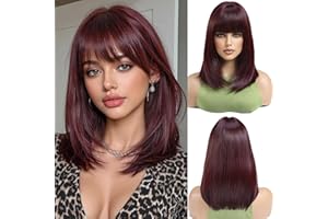 OUFEI Dark Wine Red Bob Wig With Bangs Short Straight Wig For Women Synthetic Hair Wigs for Daily Party Cosplay Wear