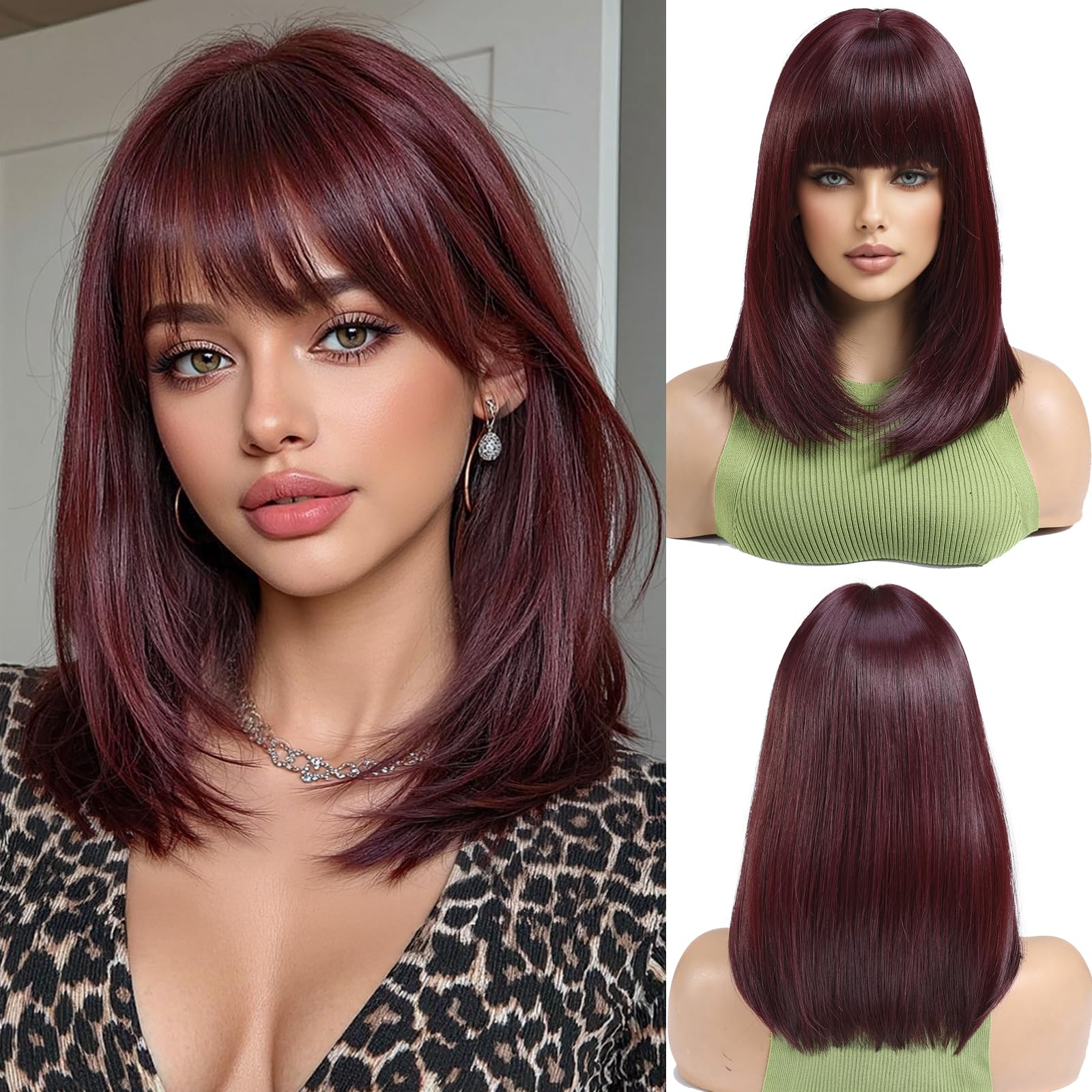 OUFEI Dark Wine Red Bob Wig With Bangs Short Straight Wig For Women Synthetic Hair Wigs for Daily Party Cosplay Wear