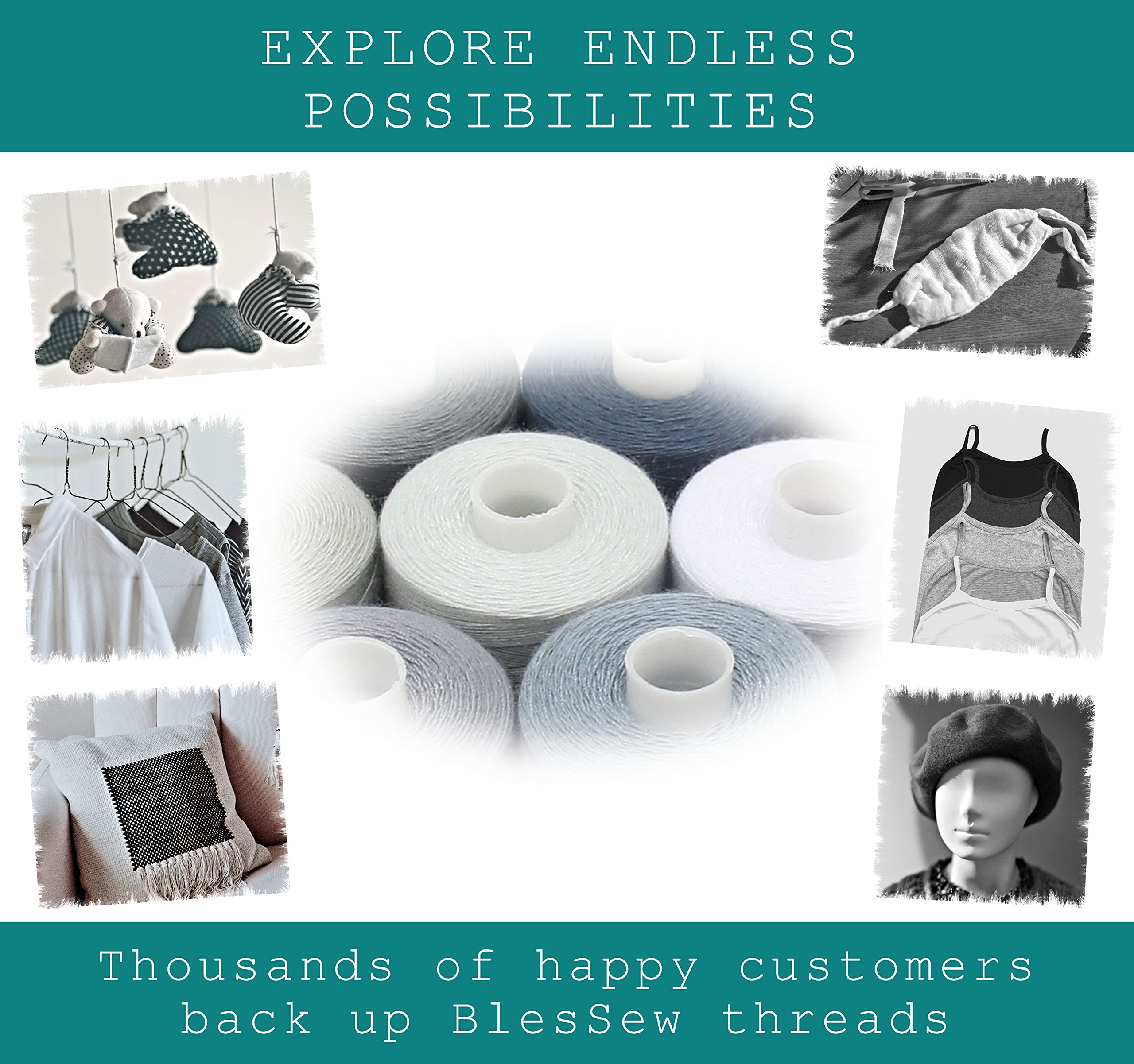 BlesSew Gray Sewing Threads - 10 Large Spools of Polyester Thread for Hand, Quilting & Sewing Machine - Grey Shades Plus Black & White - 1000 Yards Per Spool