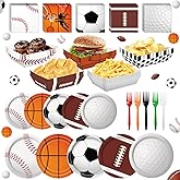 100PCS Sports Birthday Party Decorations Supplies Basketball Football Soccer Baseball Rugby Plates and Napkins Set, Forks Paper Food Trays Food Serving Boats Snack Nacho Trays Dessert Tableware