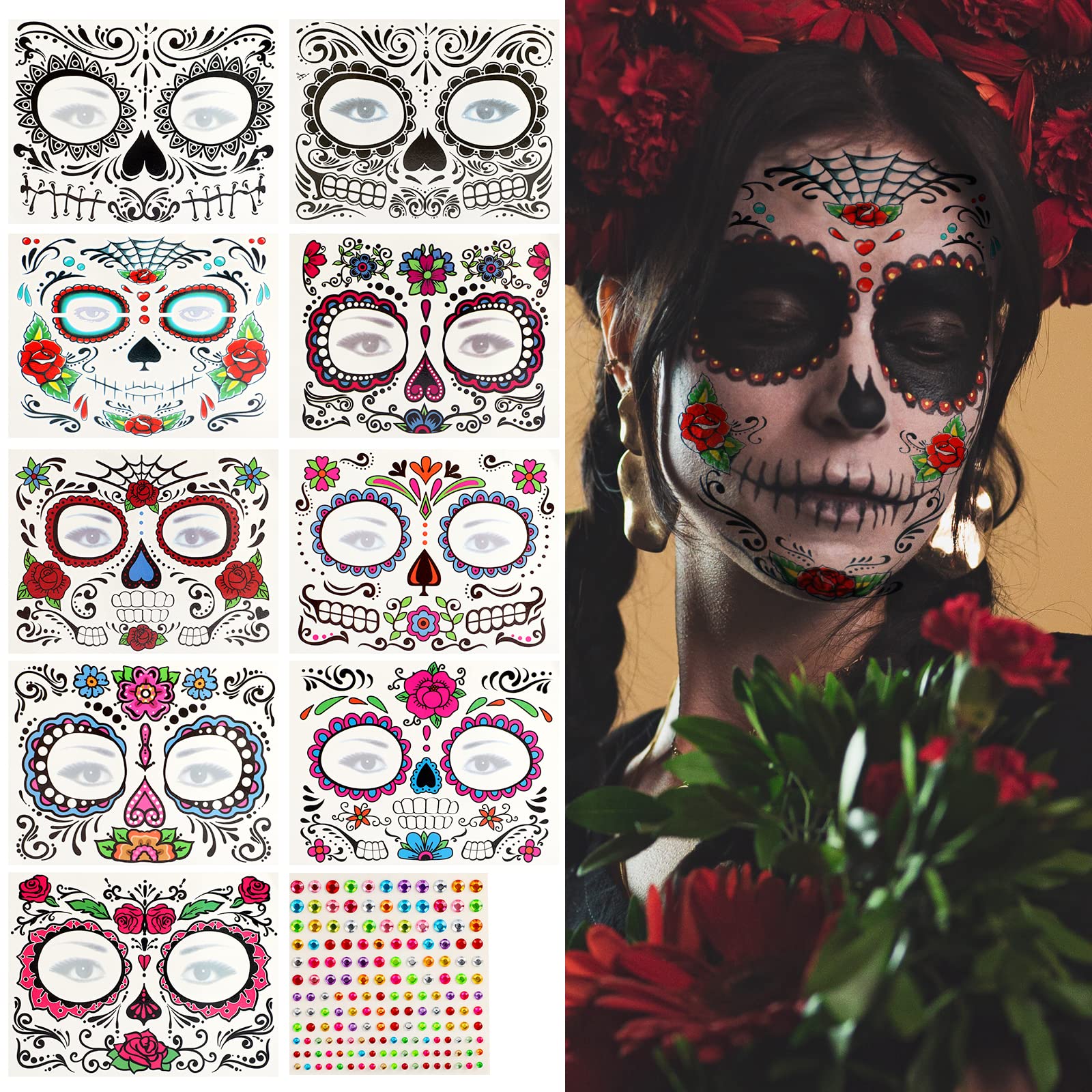 10 Sheets Halloween Face Temporary Tattoos, Day of the Dead Sugar Skull Fake Tattoos Stickers, Skeleton Full Face Mask Stickers for Women Men Kids Masquerade Halloween Party Favor Supplies