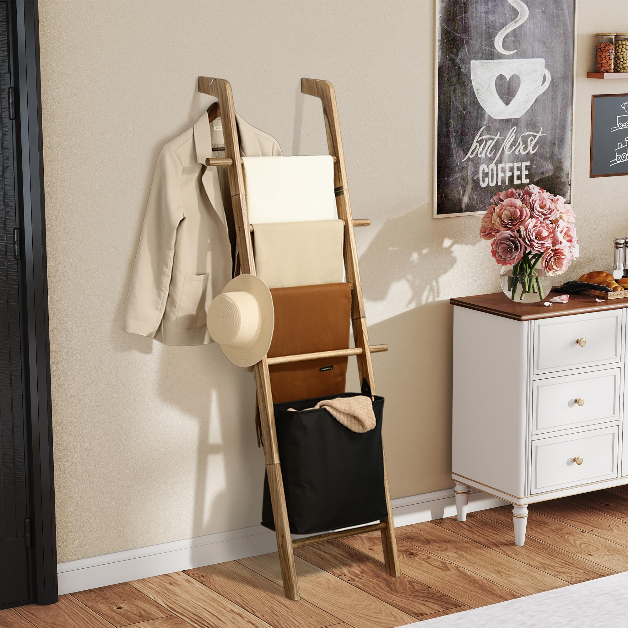 67-Inch Farmhouse Blanket Ladder, Rustic Wooden Display Ladder with ...