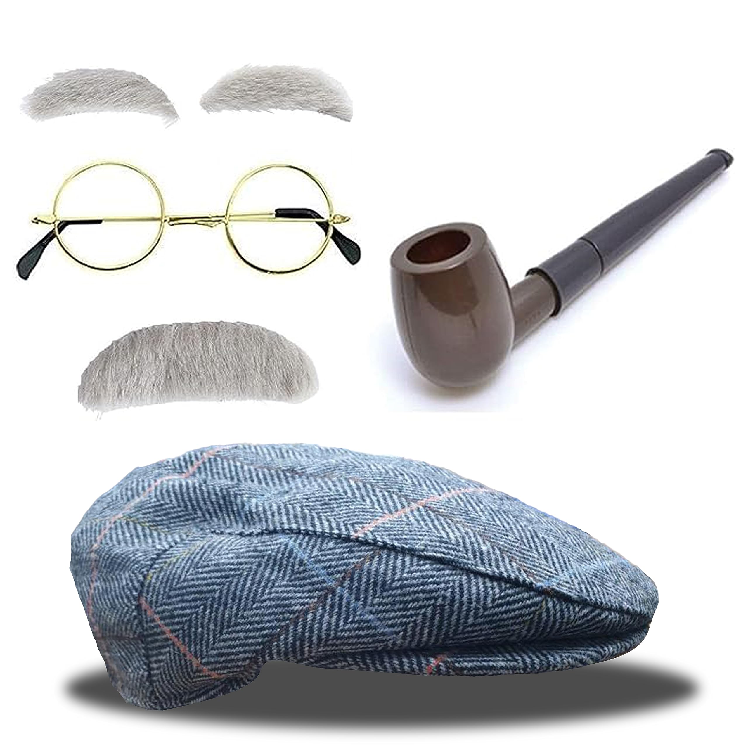 Mega_JumbleSale® GrandDad, Grandpa, Old Man Fancy Dress Kit. Flat Cap Hat, Eyebrows, Mustache, Glasses & Pipe- Fun Party Theme Dress Up