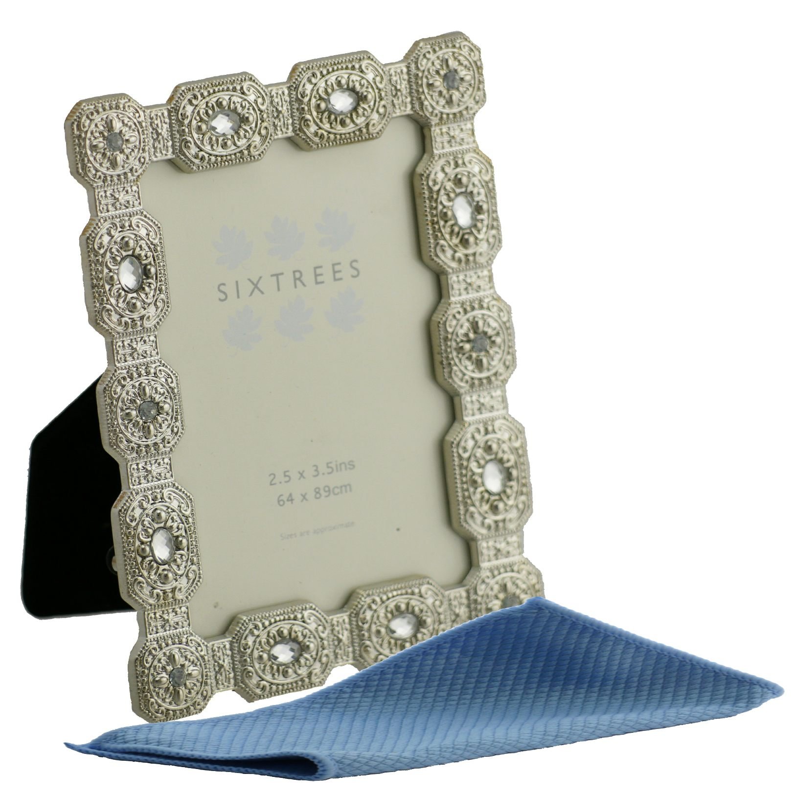 Sixtrees Sarah Antique Vintage and Shabby Chic Style silver metal photo frame with beads and crystals for a 3.5" x 2.5" (64 x 89mm) picture. Complete with our Microfibre polishing cloth.