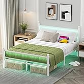 Full Size Bed Frame with Charging Station & LED Lights, Full Metal Platform Bed Frame with Headboard and Footboard, Storage Space Under Bed, No Box Spring Needed, Noise Free, Easy Assembly, White