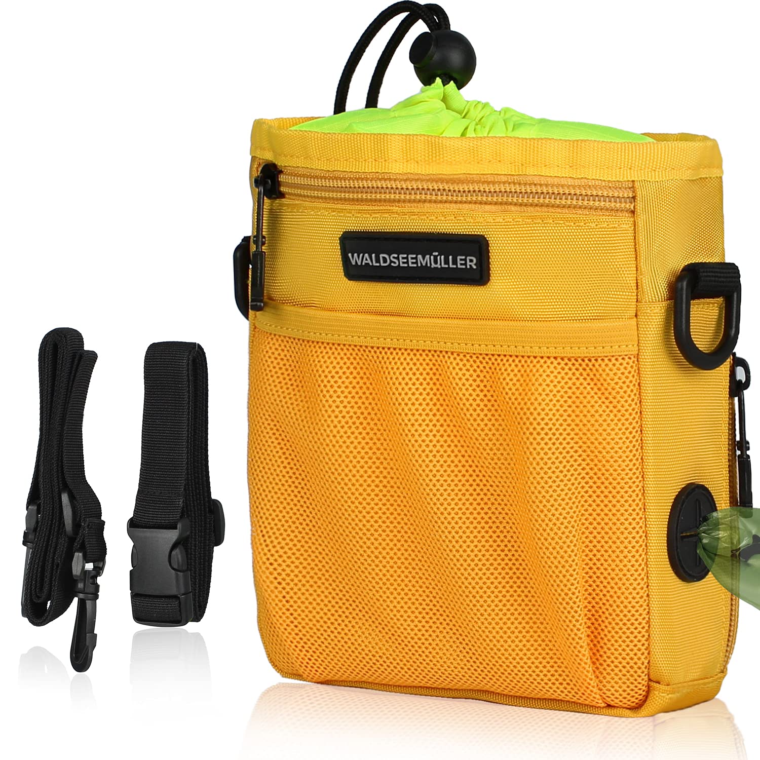 Waldseemüller Dog Treat Pouch, Dog Walking Bag Treat Pouch for Dog Training with Multiple Pockets and Built-In Poop Waste Bags Dispenser, Adjustable Belt 3 Ways to Wear, Yellow