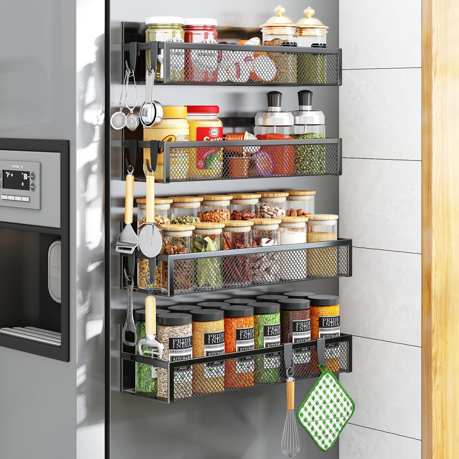 Photo 1 of Aufworld Magnetic Spice Rack for Refrigerator, 4 Pack Magnetic Shelf, Fridge Magnet Organizer with Moveable 8 Hooks, Magnetic Fridge Shelf for Kitchen Organization and Storage (4 Pack)