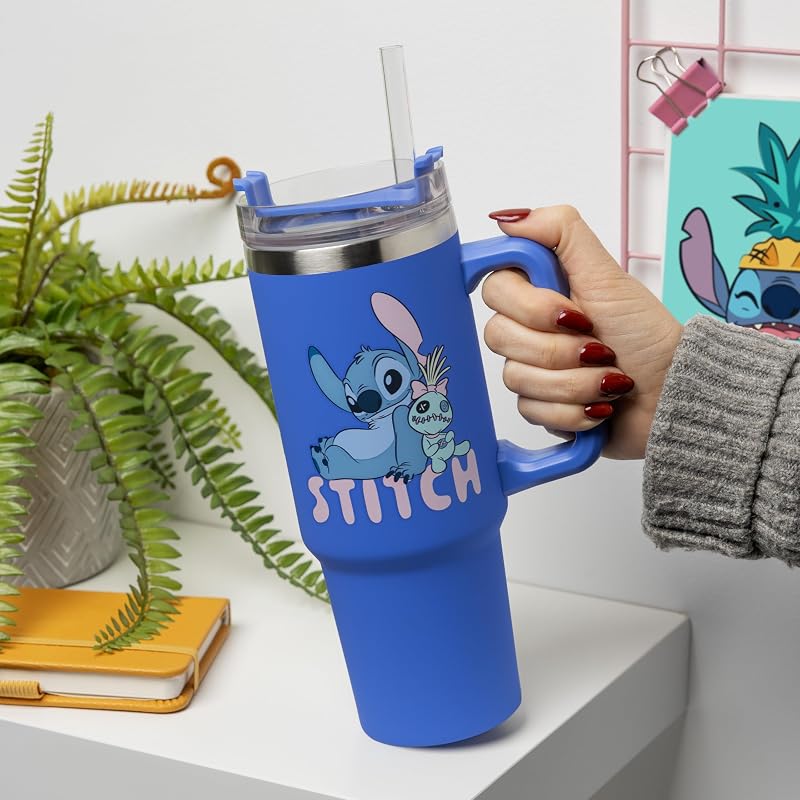 Tasse de voyage isotherme Disney Stitch avec paille bleue, 900 ml, Produit sous licence officielle avec poignée pour thé glacé ou café