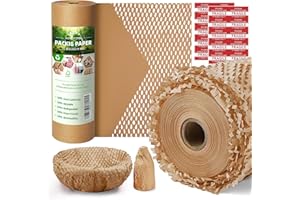 BESITEK Honeycomb Packing Paper,12" W x 200' L Bubble Cushioning Wrap for Packing Moving,Products & Gifts Wrapping Paper,Recyclable and Biodegradable Shipping Packing Materials with 20 Fragile Sticker Labels
