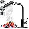 Single Hole Kitchen Sink Faucets with Pull Down Sprayer, Single Handle, Oil Rubbed Bronze, Pull Out Tap, Stainless Steel Waterfall Kitchen Faucet, Touch On for Effortless Control and Durability
