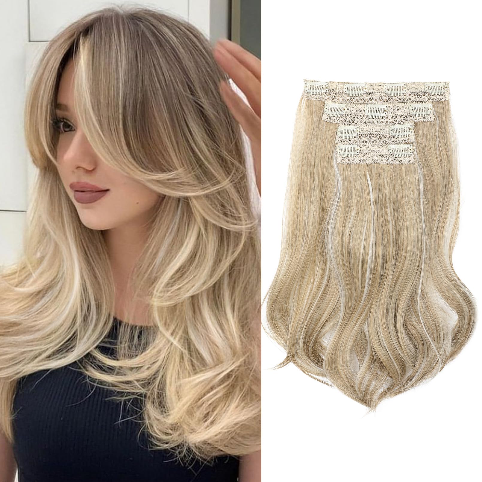 Photo 1 of NTYNTY Clip in Hair Extensionss, 4PCS Hair Extensions 14" Short Layered Cut Hair Extensions Invisible Lace Weft Natural Soft Hairpieces for Women - Ash Blonde with Highlights