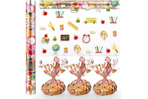 Moinchore Back to School Cellophane Wrap Roll First Day School Party Wrapping Paper Roll 100 ft x 16 in 2.5 Mil Thick Cellophane Roll Clear Pencil Apple Cellophane Gift Wrap for Basket Treats Crafts
