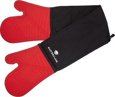 MasterClass Oven Gloves Heat Resistant Silicone Cotton Double Sided Black Red