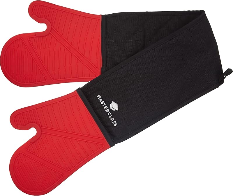MasterClass Oven Gloves Heat Resistant Silicone Cotton Double Sided Black Red