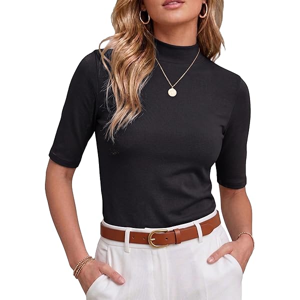 SweatyRocks Women's Mock Neck Ribbed Knit Scallop Short Sleeve T