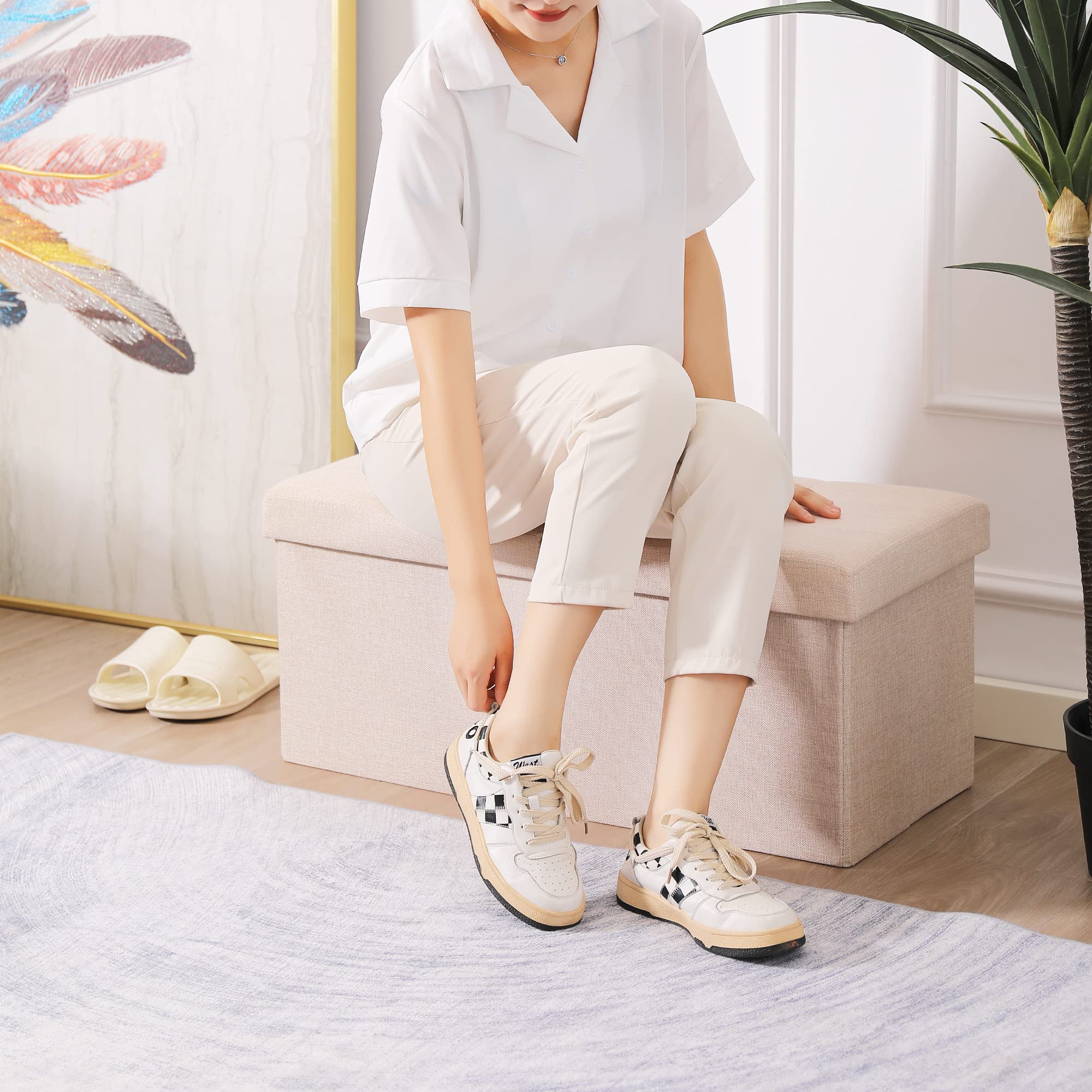 CUYOCA Storage Ottoman Bench Foldable Seat Footrest Shoe Bench End of Bed Storage with Flipping Lid, 75L Storage Space, 30 inches Linen Fabric Beige - Image 3