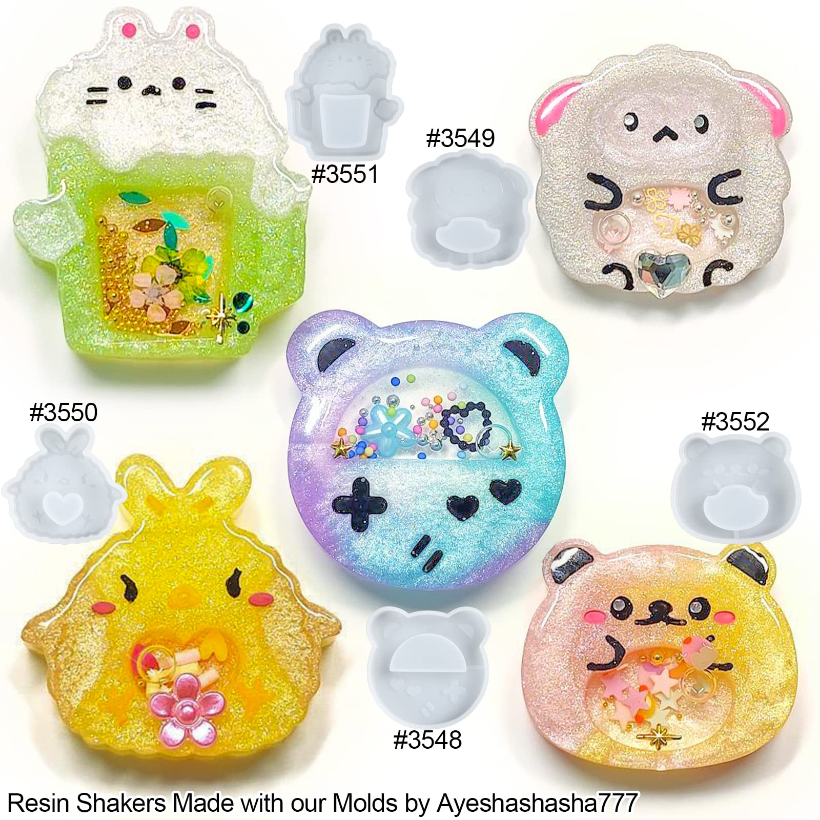FUNSHOWCASE Epoxy Resin Shaker Molds Set Jewelry Casting Supplies, Bear, Chick, Sheep, Beer Mug, Game Console 5 Silicone Trays with 5 Seal Films, Height 2-2.4inch