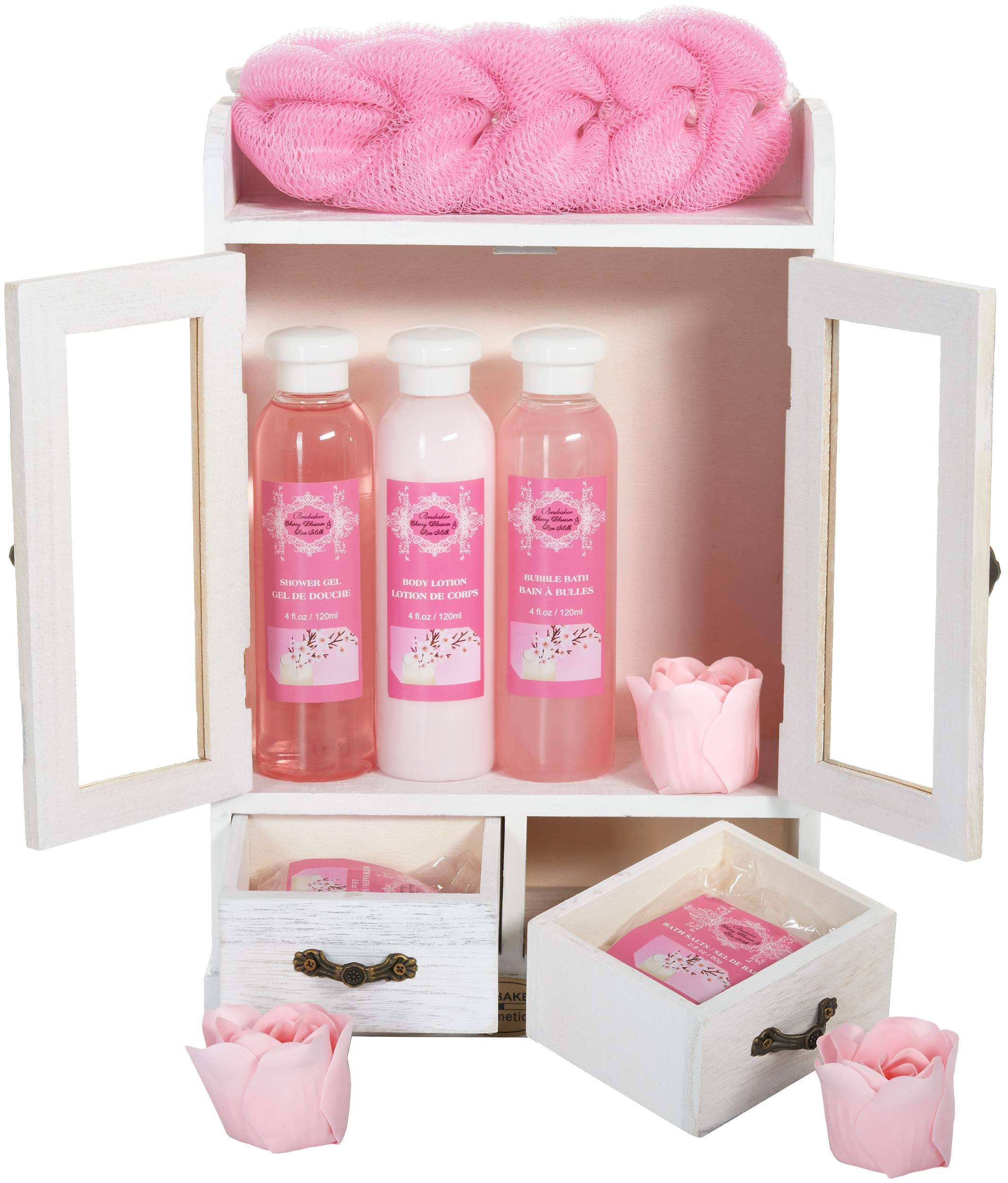 BRUBAKER Cosmetics Bath and Body Gift Set - Cherry Blossoms & Rice Milk - Vegan - Spa Gift in Wooden Cabinet - Vintage White (10 PCS.)