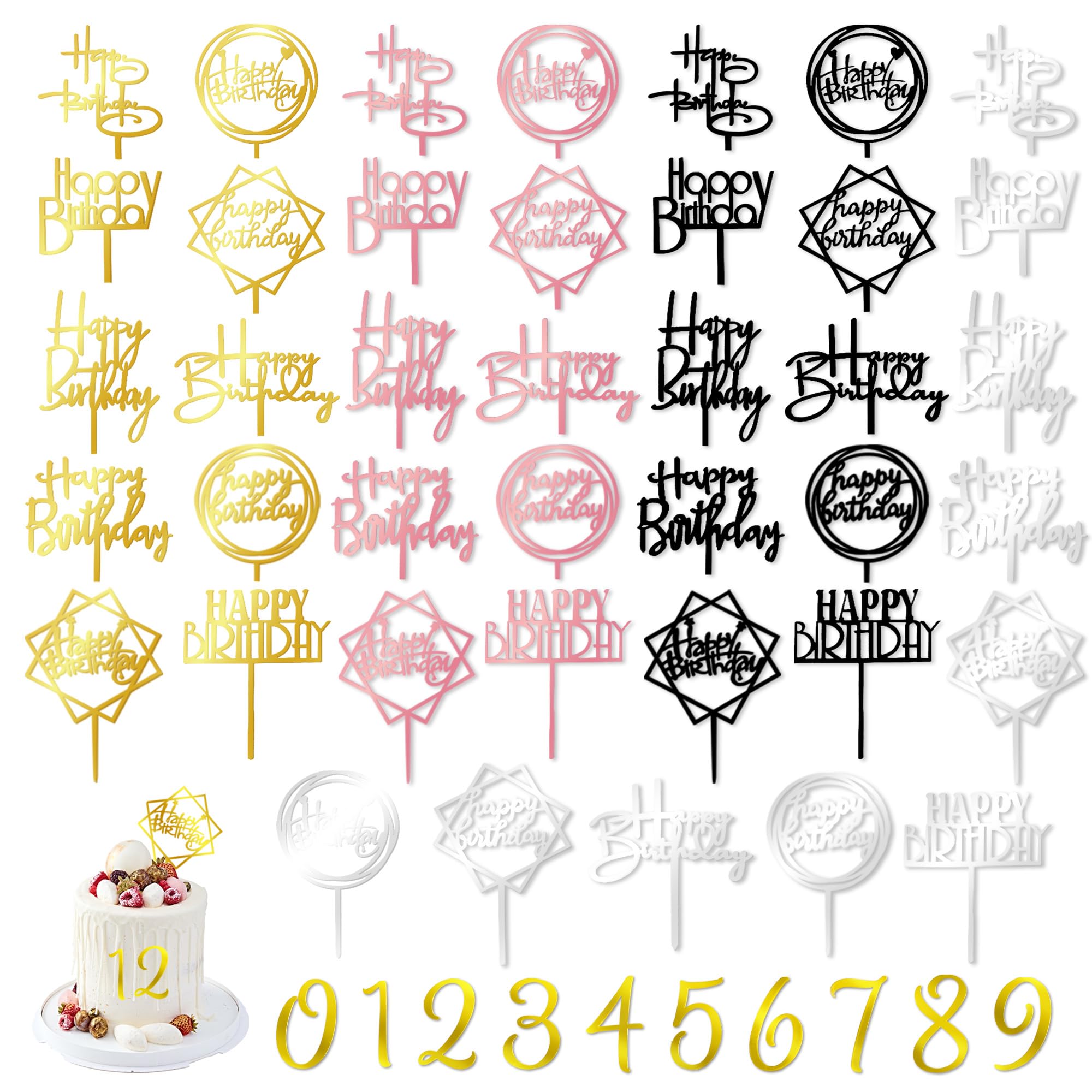 Photo 1 of 50 PCS Acrylic Happy Birthday Cake Topper Gold Black Pink Silver Birthday Cake Topper Pick for Birthday Party Cake Desserts Pastries Decorations (4 Colors)