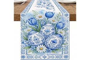 Blue Floral Table Runner, Vintage Tulips and Egg Pattern Spring Kitchen Dining Decor for Home Family Gatherings Easter Party 