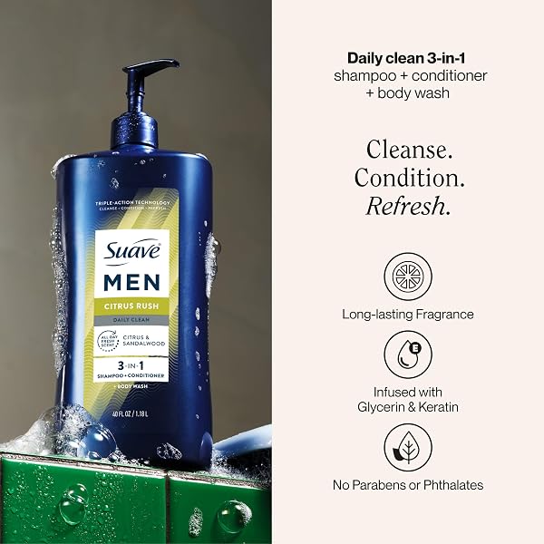 SUAVE MEN CITRUS RUSH DAILY CLEAN 3 IN 1 SHAMPOO, CONDITIONER & BODY WASH WITH GLYCERIN & KERATIN HYDRATES & SMOOTHS HAIR, CITRUS SCENT, 4 COUNT, 40 FL OZ PUMP