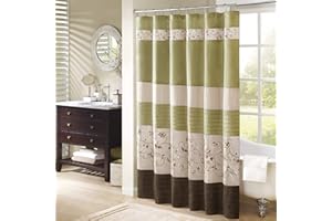 Madison Park Serene Shower Curtain Faux Silk Embroidered Floral Machine Washable Modern Home Bathroom Decorations, 72x72, Green