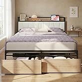 LIKIMIO Queen Size Bed Frame, Storage Headboard with Charging Station, Platform Bed with Drawers, No Box Spring Needed, Easy Assembly, Wood and Cream