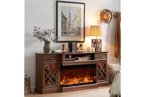 OKD 3-Sided Glass Farmhouse Fireplace TV Stand for TVs up to 80'', Highboy Entertainment Center with Glass Door Storage Cabinet, 70'' Large TV Stands with 36'' Electric Fireplace, Reclaimed Barnwood