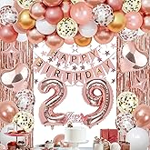 NANINUNENO 29th Rose Gold Birthday Party Decorations for Women, Rose Gold Happy Birthday Banner, Fringe Curtains, Heart Foil Balloons, Confetti Balloons, Cake Topper for 29th Birthday Decorations