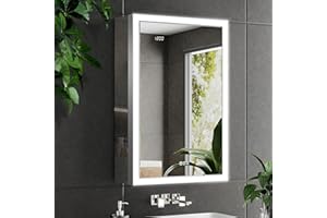 QueenFun LED Medicine Cabinet with Mirror, 24x32 Surface or Recessed Lighted Medicine Cabinet with Mirror, Dimmable Fogless Aluminum Medicine Cabinet with Outlet, Time Display& Built-in Sensing Light