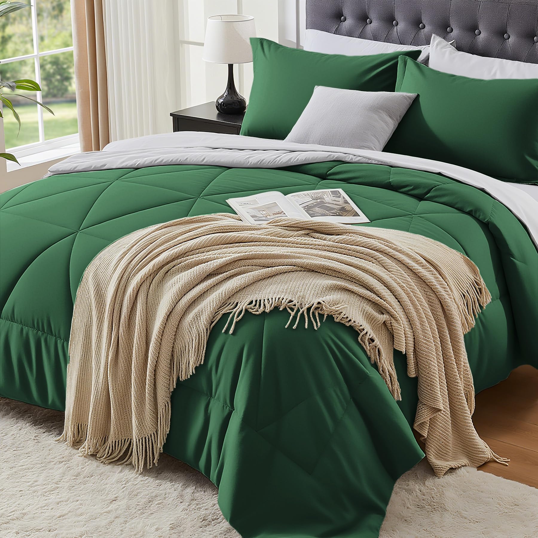 BEDELITE Queen Comforter Set 7 Pieces Bed in A Bag - Soft Microfiber Reversible Dark Green Bed Set with Comforters, Sheets, Pillowcases & Shams, Cozy Luxury Bedding Sets for All Season Image