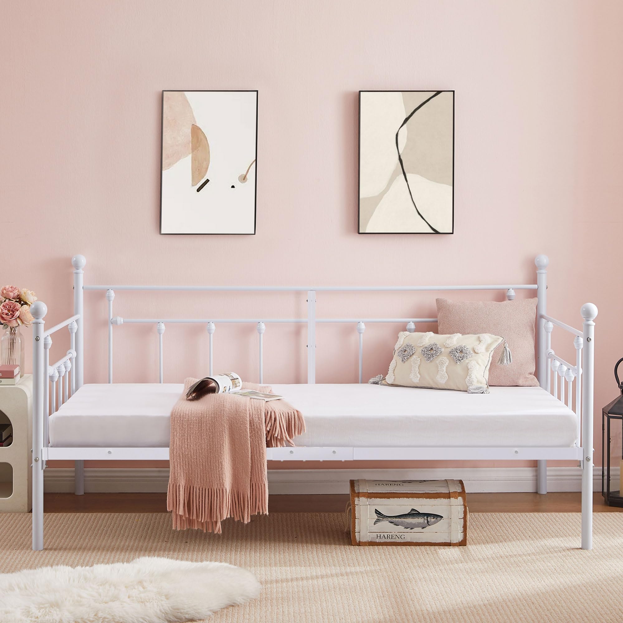 VECELO Daybed Frame, Twin Size Metal Platform Bed with Headboard,Heavy Duty Steel Slats Support for Living Room Bedroom Guest Room, Easy Assembly Image