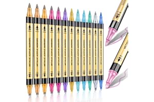 DUULEMANG Metallic Marker Pens, 12 Colors Dual Tip Metallic Acrylic Paint Markers for for Black Paper, Rock, Fabric, Glass, W
