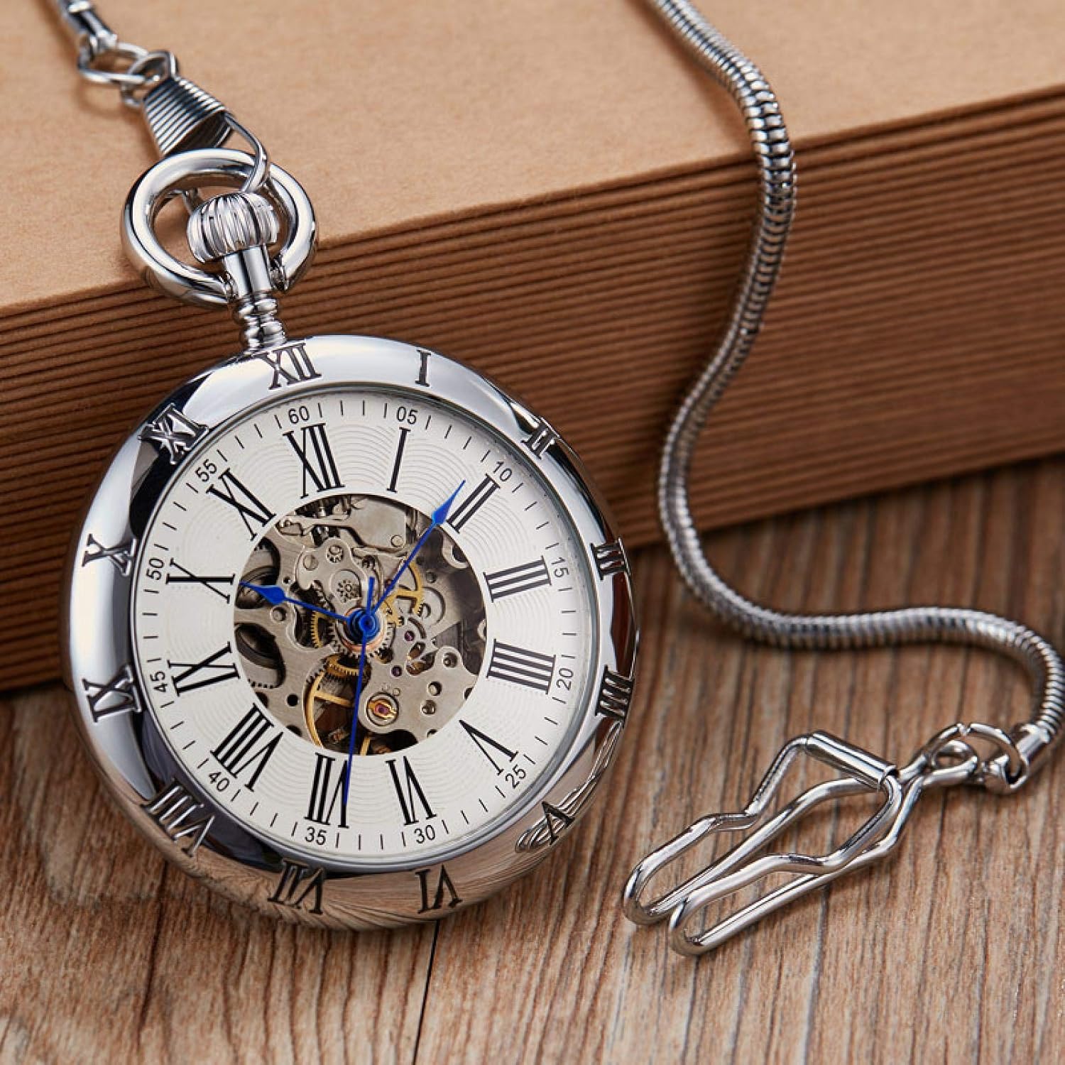 Pocket Watch with Chain Luxury Copper Silver Automatic Mechanical Clock