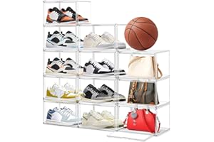 EDS FAM 12 Pack Acrylic Shoe Large Storage Box with Magnetic Door Size 13 Clear Stackable Shoe Organizer for Closet Space Saving Shoe Cabinet Sneaker Display Case