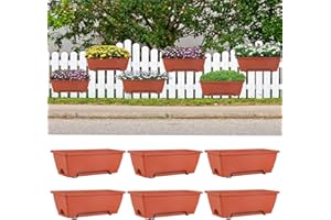 HAITRAL 16.9 Inch Deck Railing Planter Boxes for Plants, Rectangular Hanging Window Boxes Planters with Metal Flower Pots Brackets - 6 Pack Railing Planter Box for Balcony Fences Garden, Red