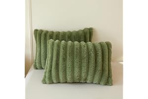 MEGO Pack of 2 Fluffy Faux Rabbit Fur Pillowcases, Soft Striped Plush Fuzzy Bed Pillow Cases with Zipper, Aesthetic Shaggy Furry Moss Long Pillow Covers Kids Teens Adults 20x26, Standard, Sage Green