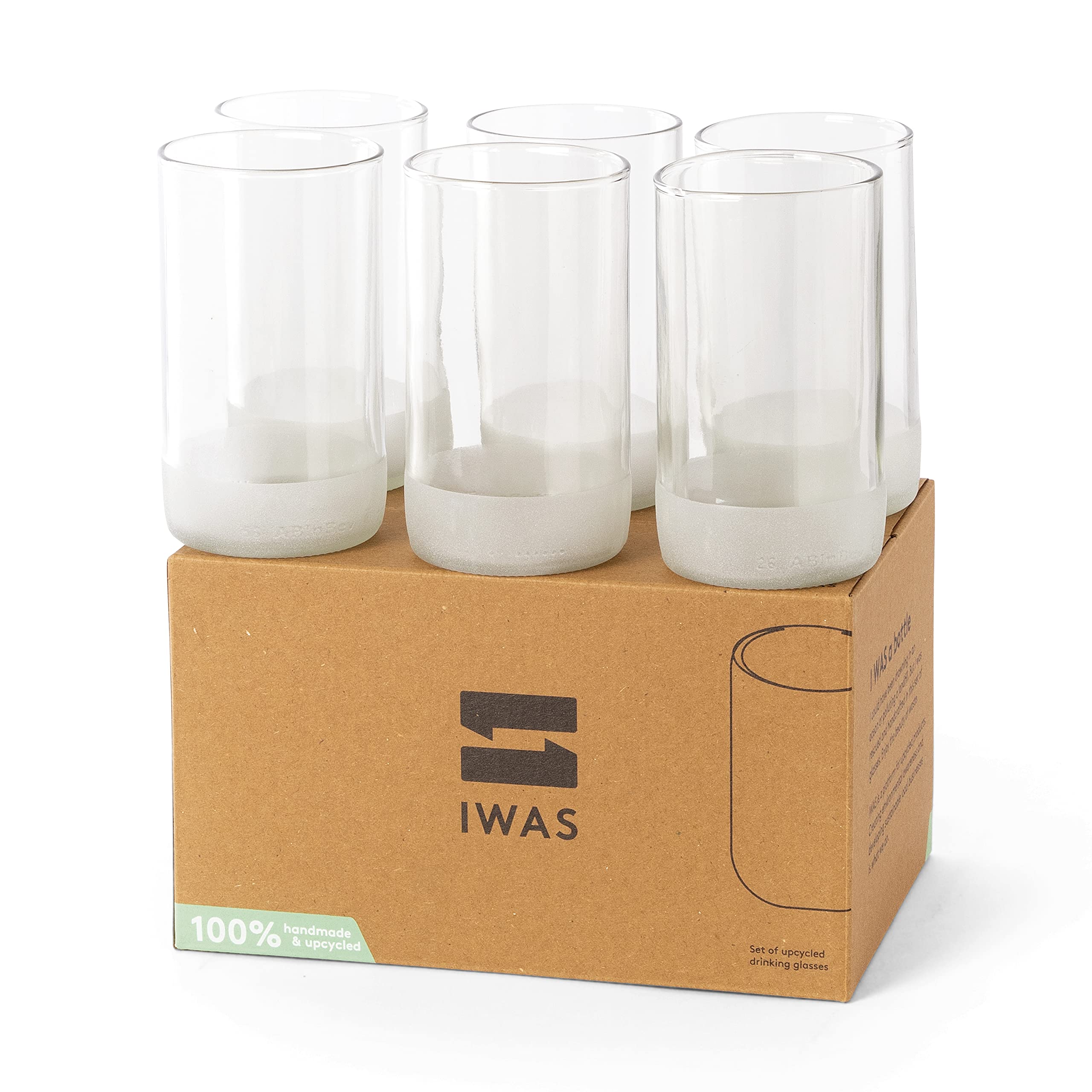 IWAS Upcycled Tall Clear Drinking Glasses | 350 ML | 12 OZ | Set of 6 | Sustainable White Water & Cocktail Glasses | Environmentally Friendly Recycled Glasses for Home