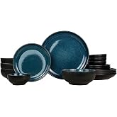 Sango 16-Piece Stoneware Dinnerware Set for 4, Glossy Black/Blue Big Dinner Plates and Bowls Sets with Reactive Glaze, Ceramic Dish Set, Modern Beautiful Dishes, Microwave &amp; Dishwasher Safe, Resona