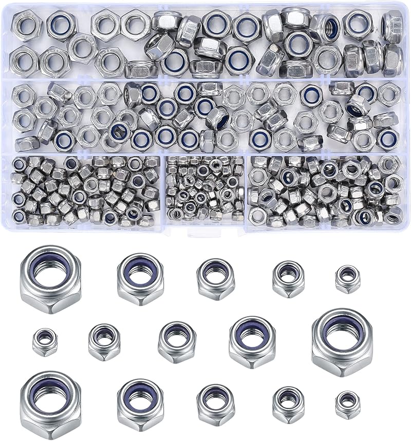 CHUYOU 230 Pcs Nylon Lock Nuts Set M3-M8 Stainless Steel Nylock Assortment Kit