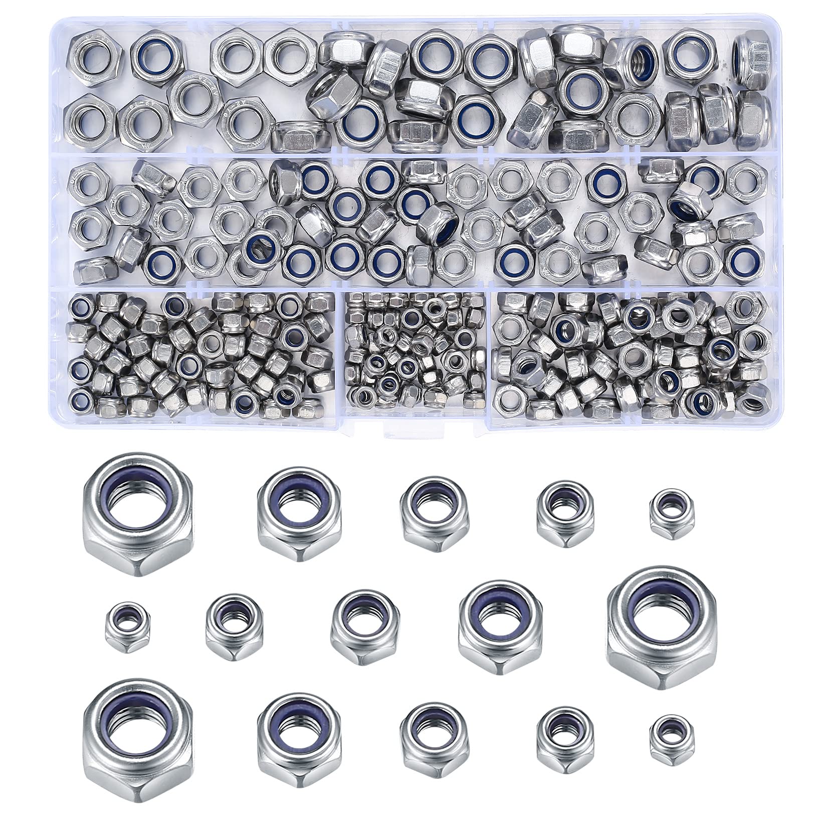 230 Pcs A2-70 Nylon Lock Nuts Assortment Kit, Stainless Steel Nylock Nuts Assorted, M3 M4 M5 M6 M8 Screw Locknut Insert Hex Locking NutsSet with Plastic Box