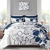 Anibedding Navy Floral Comforter Set Queen Size 7 Piece, Blue Flower Bed in a Bag, Elegant Botanical Floral Comforter Soft Microfiber Complete Bedding Set for All Season, (Navy Blue, 90"x90")