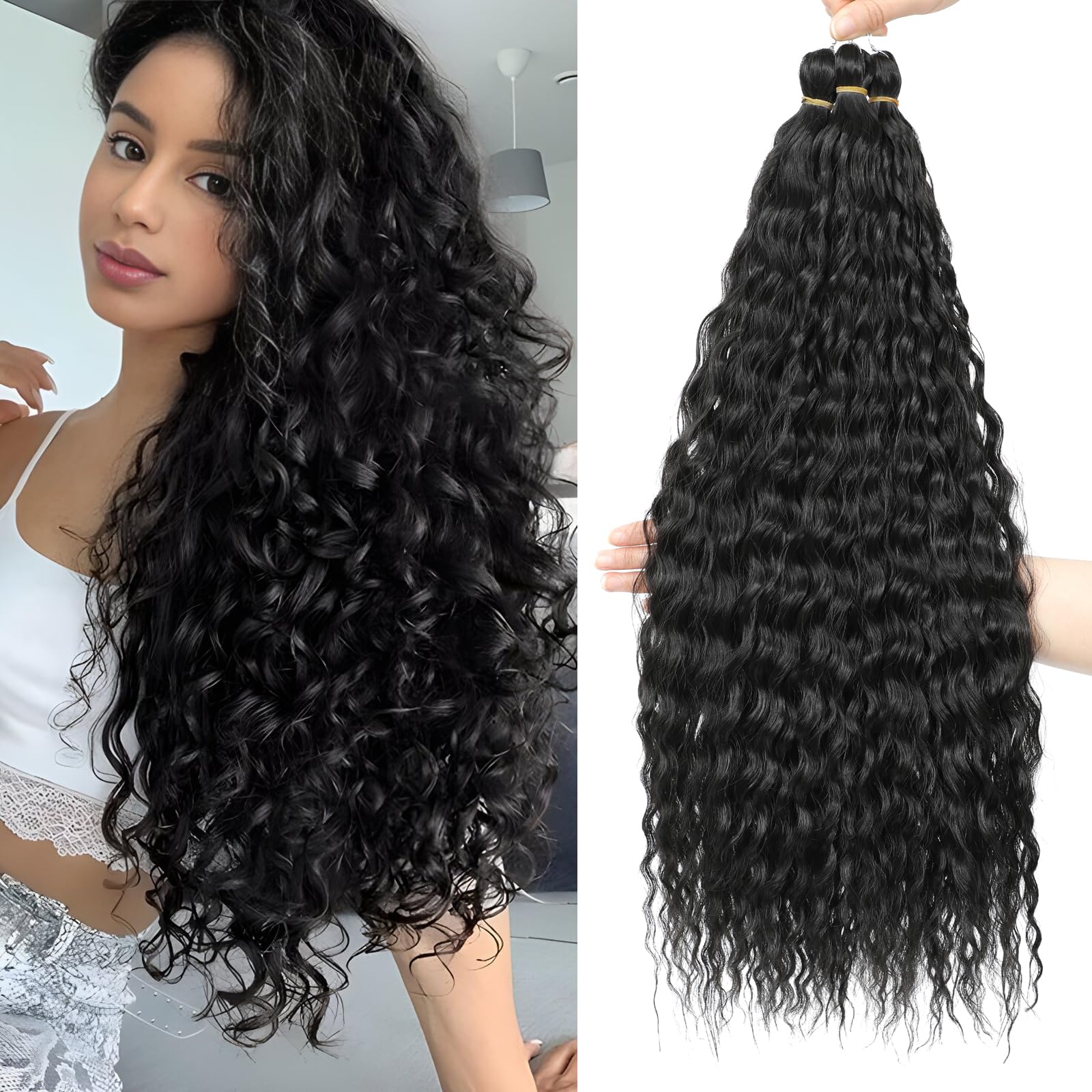 FANLUTYIN 22 Inch Curly Crochet Braiding Hair 3 Packs Ocean Wave Crochet Hair Extensions Deep Wave Synthetic Braiding Hair Curls Hair Twist Water Wave Braided Hair (1B, 22 Inch 3 Packs)