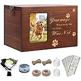 Pet Memorial Urns for Pet Ashes, Wooden Pet Cremation Urns with PhotoFrame, Custom Pet Wood Urn, Keepsake Memory Box with Black Moisture-proof Foam Lining, Includes Treat, Food Can, lights Decorations