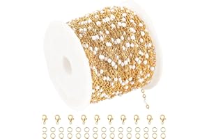 UMAOKANG 33ft/10m Gold Plated Cable Chain Stainless Steel Jewelry Chain for Jewelry Making White Bead Chain Roll with Lobster Clasps and Jump Rings