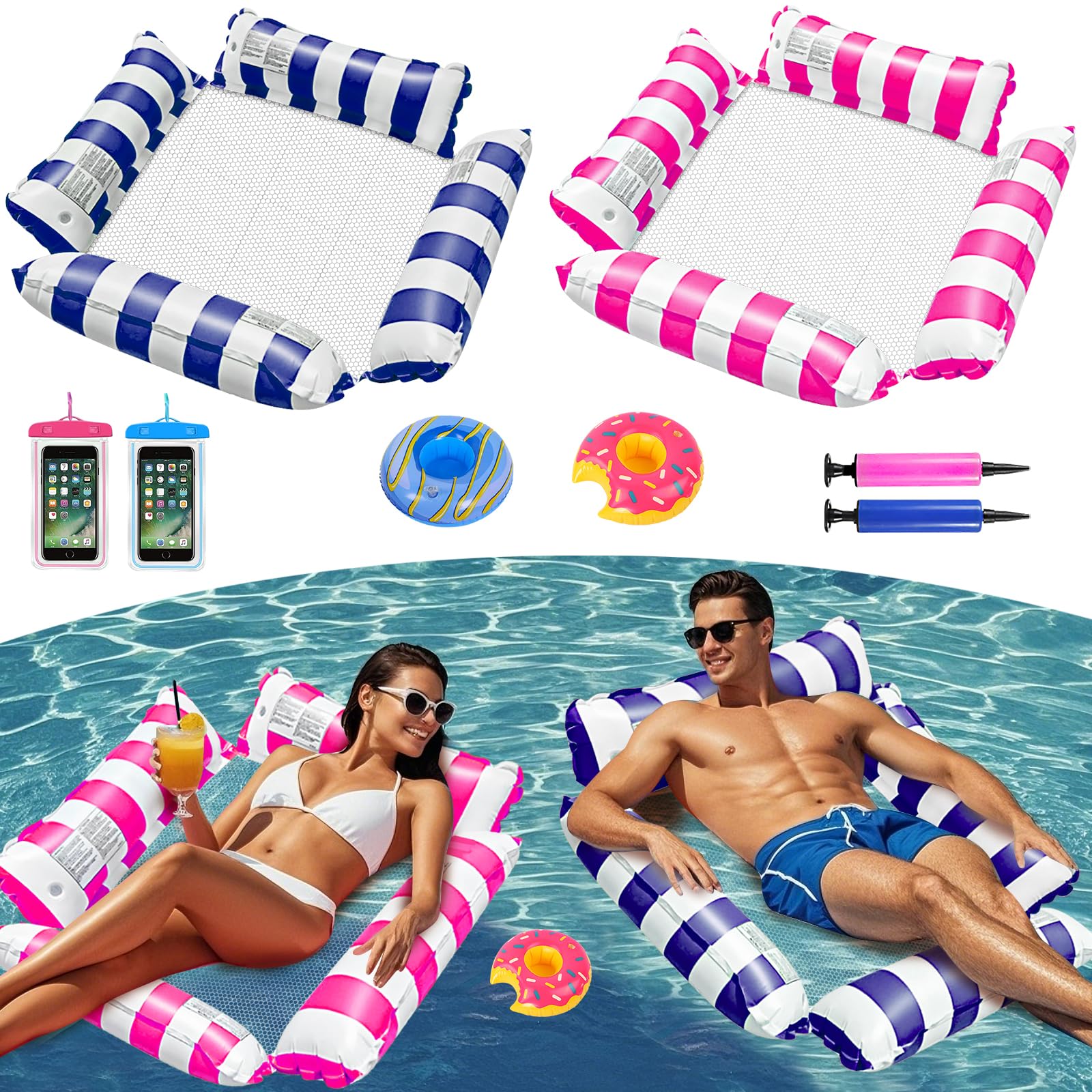 FALUCKYY 2 Pack Pool Float Water Hammock, 4-in-1 Inflatable Pool Floats Hammock,Multi-Purpose Pool Floats with Cup Holders for Summer Swimming Pool Beach