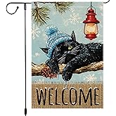 Winter Cat Garden Flag 12x18 Inch Double-Sided Burlap Welcome Decor Featuring Cozy Cat with Snowflakes and Lantern