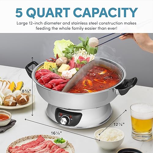 Aroma Housewares ASP-610 Dual-Sided Shabu Hot Pot, 5Qt, Stainless