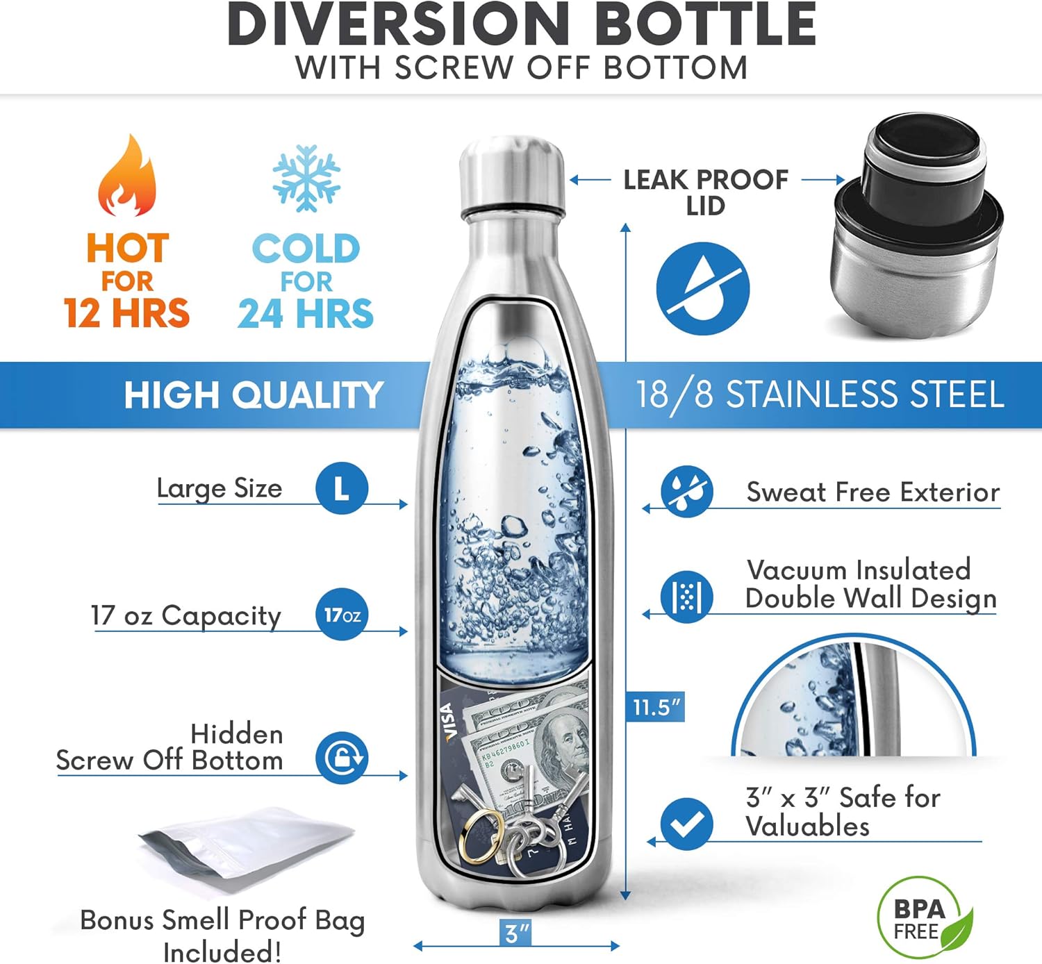 Diversion Safe Water Bottle | Stash Can Hidden Bottom for Valuables | 17ounce Liquid Capacity and Dry Storage Compartment | Stainless Steel Vacuum Insulated Leak Proof | BONUS Smell Proof Bag Included - - 