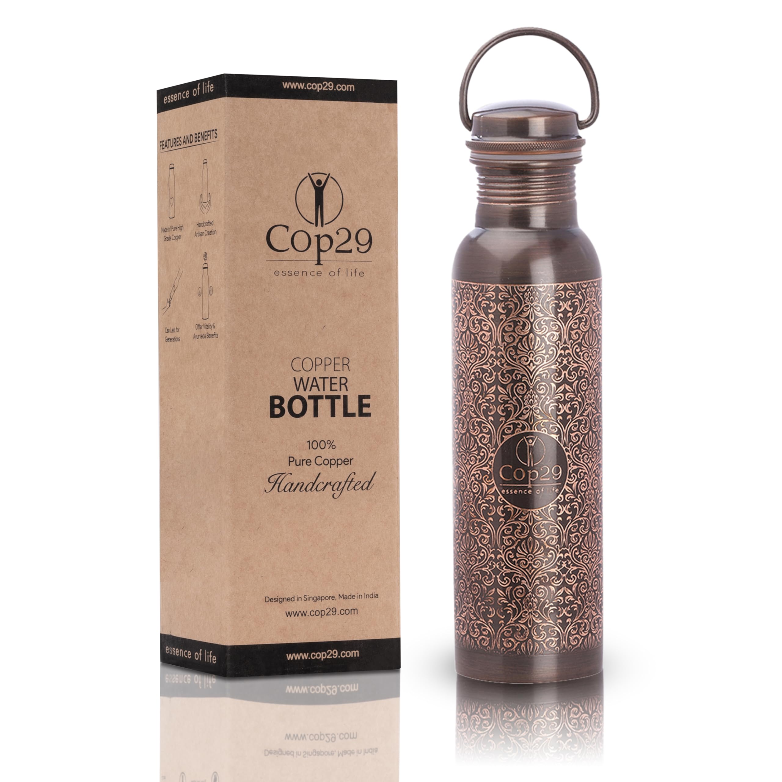 Cop29 Handcrafted Engraved Premium Design Pure Copper Tulip Antique Water Bottle with Handle : Joint Free & Leak Proof -900ml/30oz